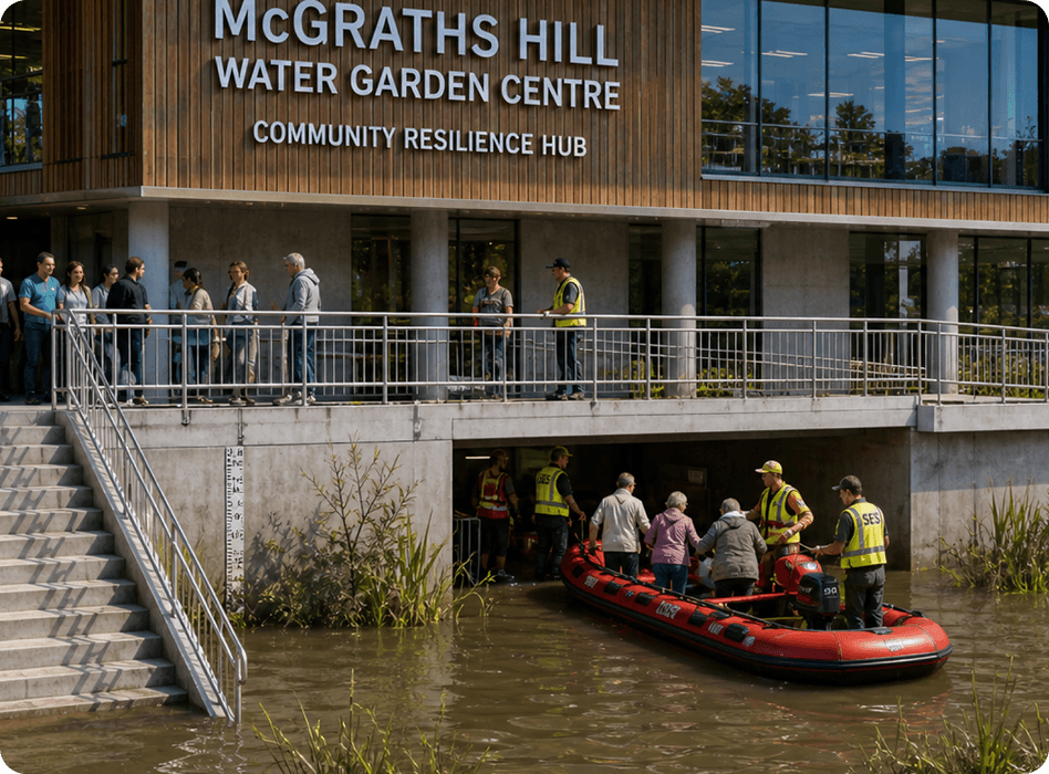 Concept image of SES volunteers helping residents into a rescue boat beneath the raised McGraths Hill Water Garden Centre during a flood.