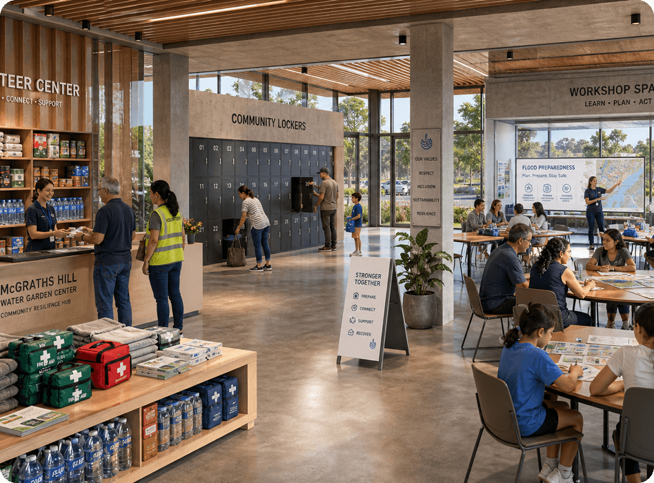 Concept interior of the McGraths Hill Water Garden Centre, showing a community lockers area, a volunteer centre and a workshop space where residents discuss flood preparedness.