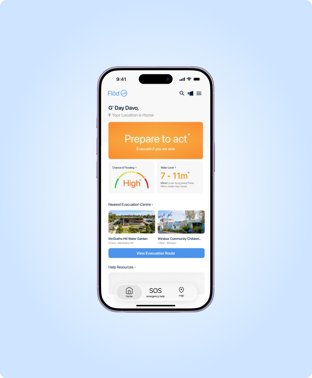 The Flōd app's home screen, showing a “Prepare to act” flood alert, current flood level, nearest evacuation centres and a button to view the evacuation route.