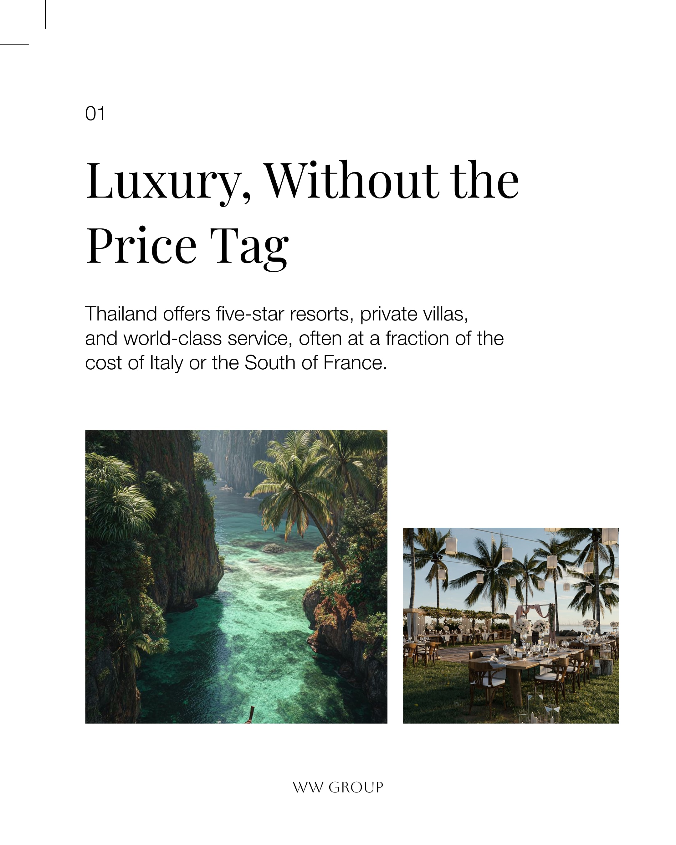 Carousel slide 1, "Luxury, Without the Price Tag," with photos of a turquoise lagoon between limestone cliffs and a beachfront reception table under string lights.
