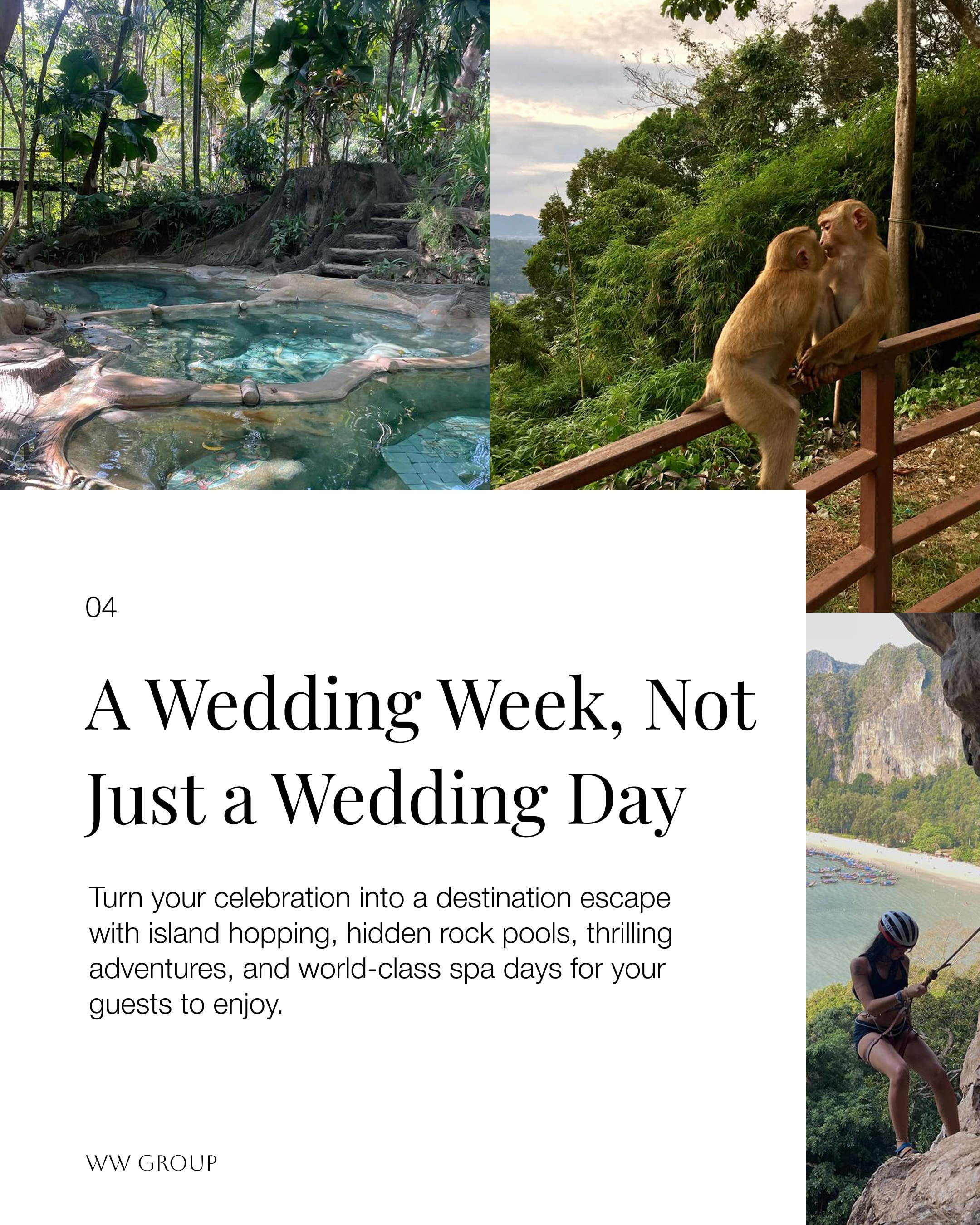 Carousel slide 4, "A Wedding Week, Not Just a Wedding Day," with photos of a jungle hot spring, two monkeys on a railing, and a guest abseiling above a limestone beach.
