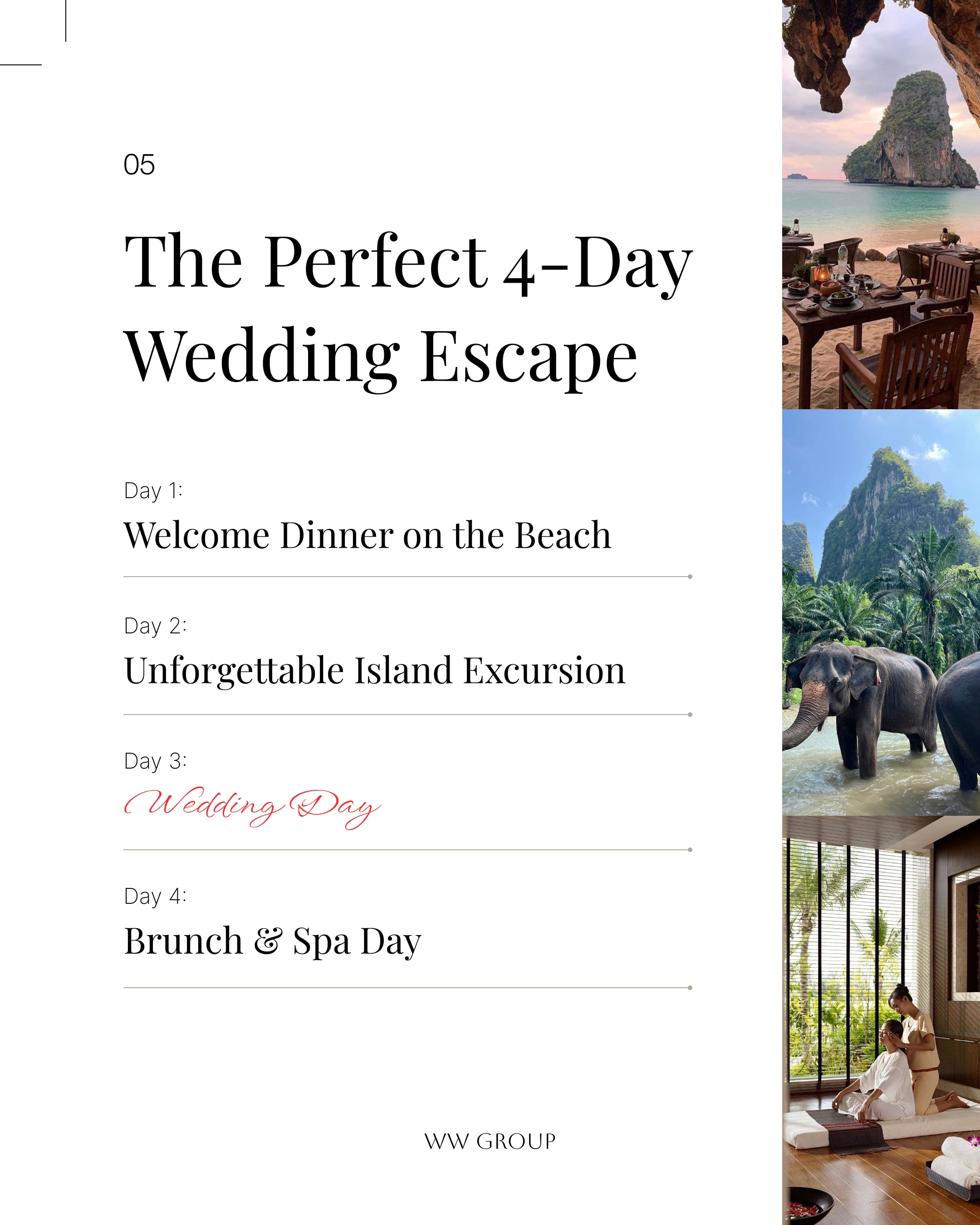 Carousel slide 5, "The Perfect 4-Day Wedding Escape," outlining a 4-day itinerary beside photos of a beachfront dinner, elephants, and a spa treatment.