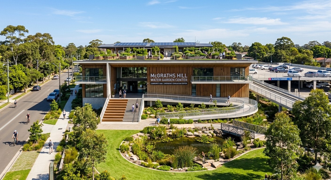 Concept render of the McGraths Hill community hub, a flood-resilience building with rooftop solar panels and a circular water garden at its entrance.