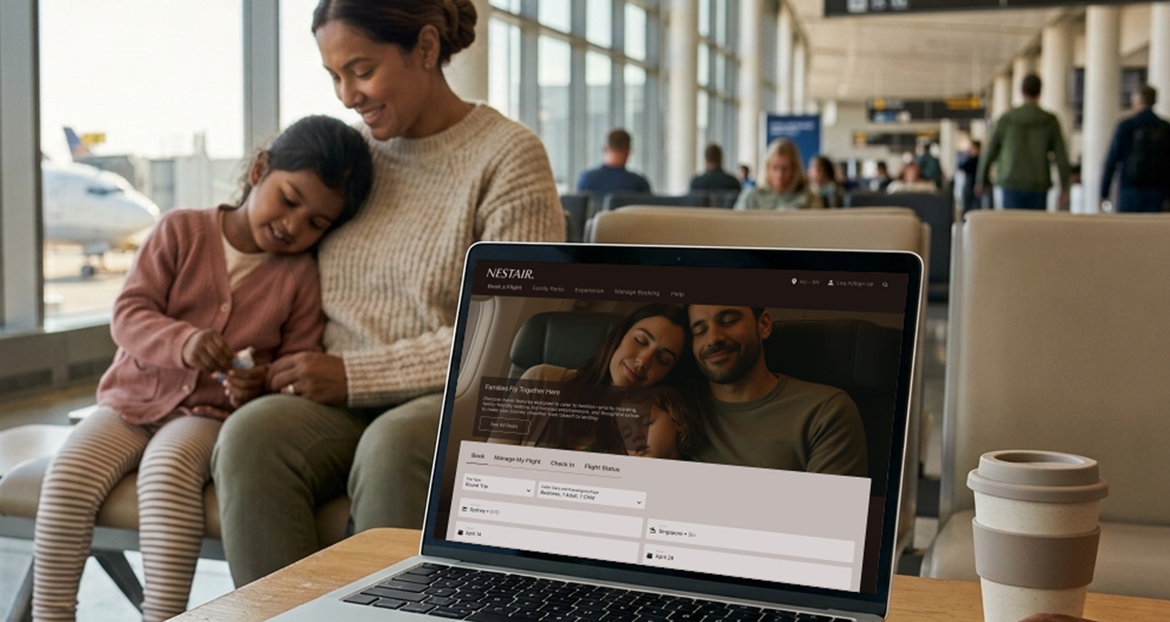 Nestair family travel experience shown on a laptop at an airport.