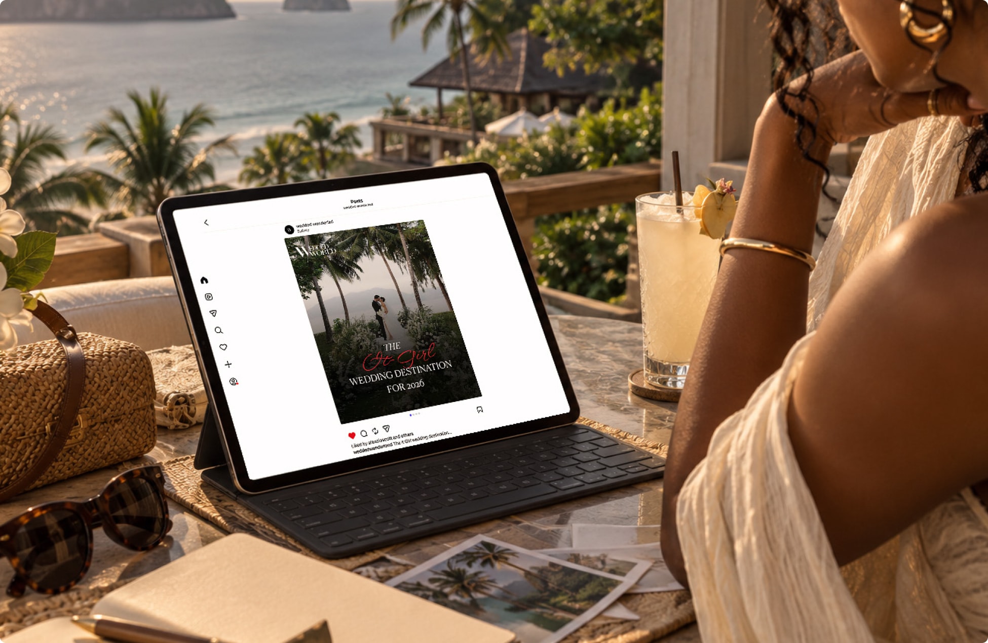 Tablet showing "The IT Girl" Thailand wedding-destination Instagram carousel post, held at a beachside resort.